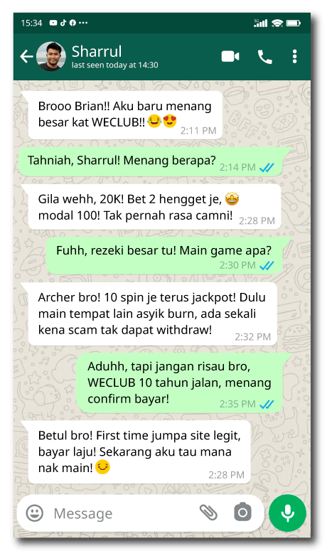 Sharrul WhatsApp testimonial preview